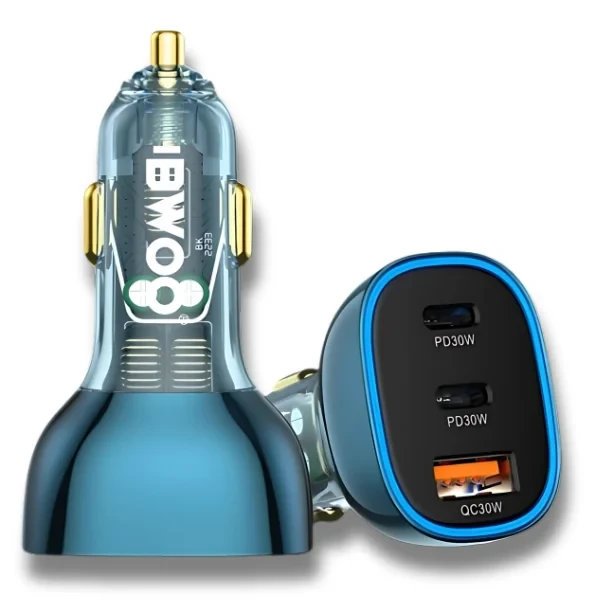 BWOO 90W 3-Ports Transparent Charger with 2 PD Ports and USB-A Car Charger